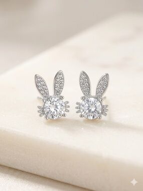 Sterling Silver Bunny Crystal Stud Earrings in Silver rabbit